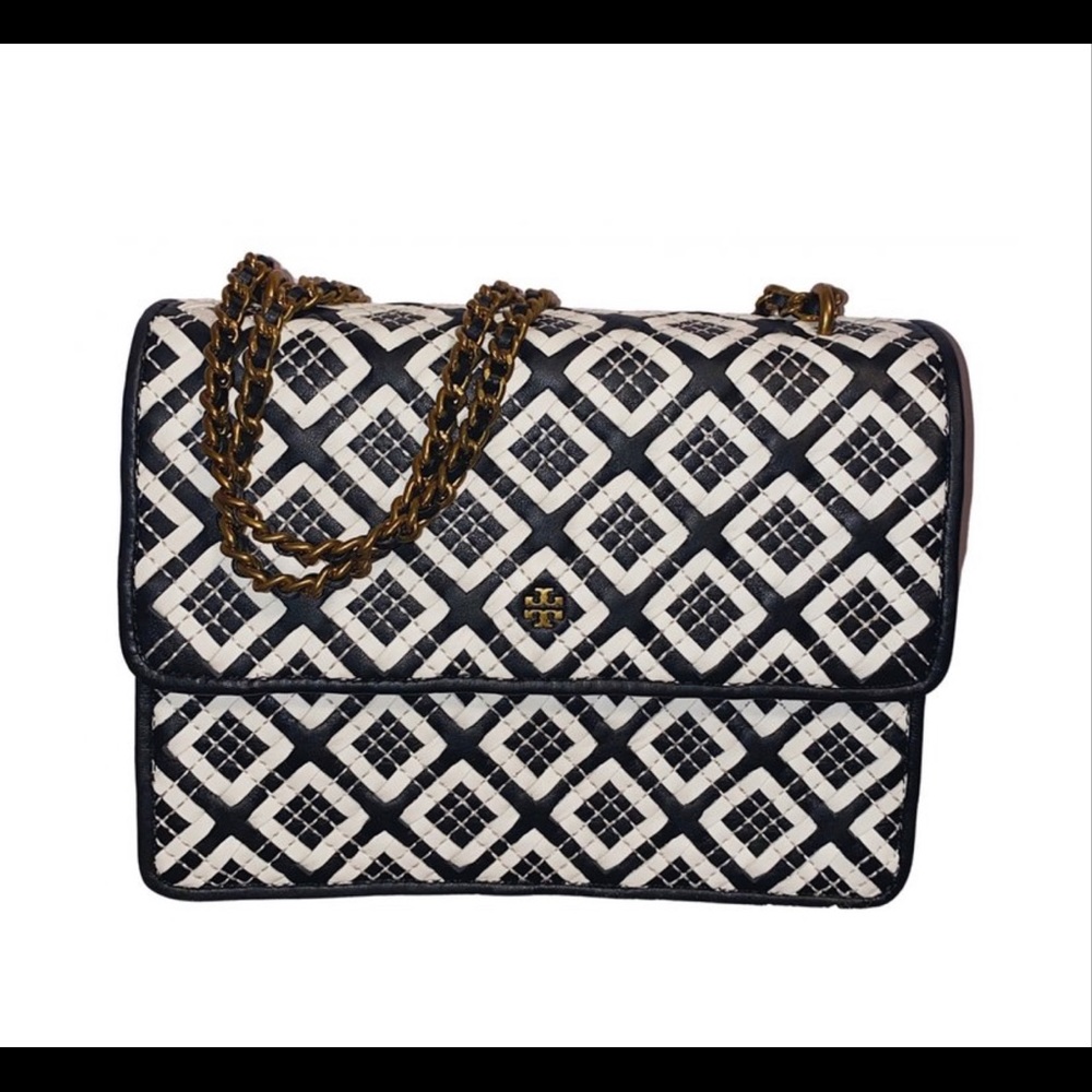 TORY BURCH Robinson Woven Leather Chain Wallet Crossbody Black/Ivory Giftbag